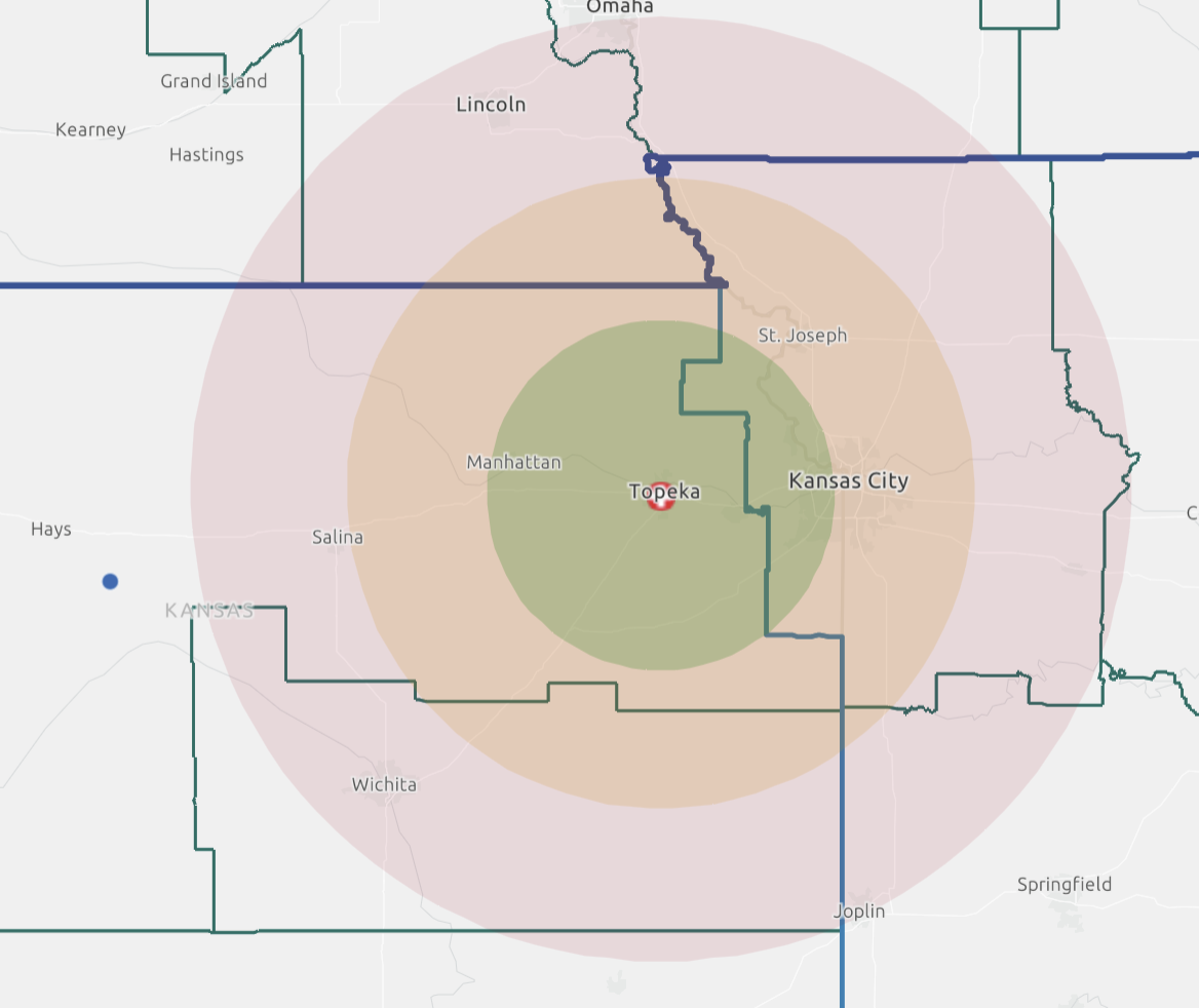 Drive rings centered on Topeka HQ with a trailer shown near Salina, far outside the 1-hour ring